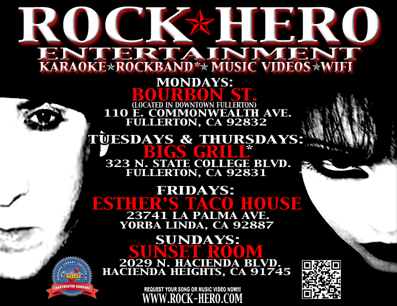 karaoke, fullerton, monday, tuesday, wednesday, thursday, friday, saturday, sunday, bourbon, street, downtown, bourbon st., street, bigs, grill, sunset, room, hacienda, heights, esther's, esthers, tacos, yorba, linda